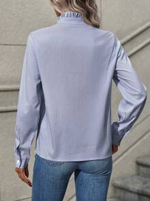 SHEIN LUNE 女士荷叶边条纹长袖单排扣休闲衬衫 - 寶藍色 - 查看 2