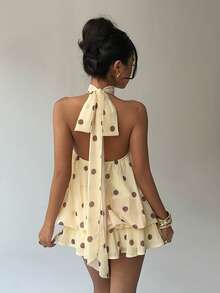 Aloruh 女士优雅浅黄色吊带系带迷你连衣裙 - 彩色 - 查看 2