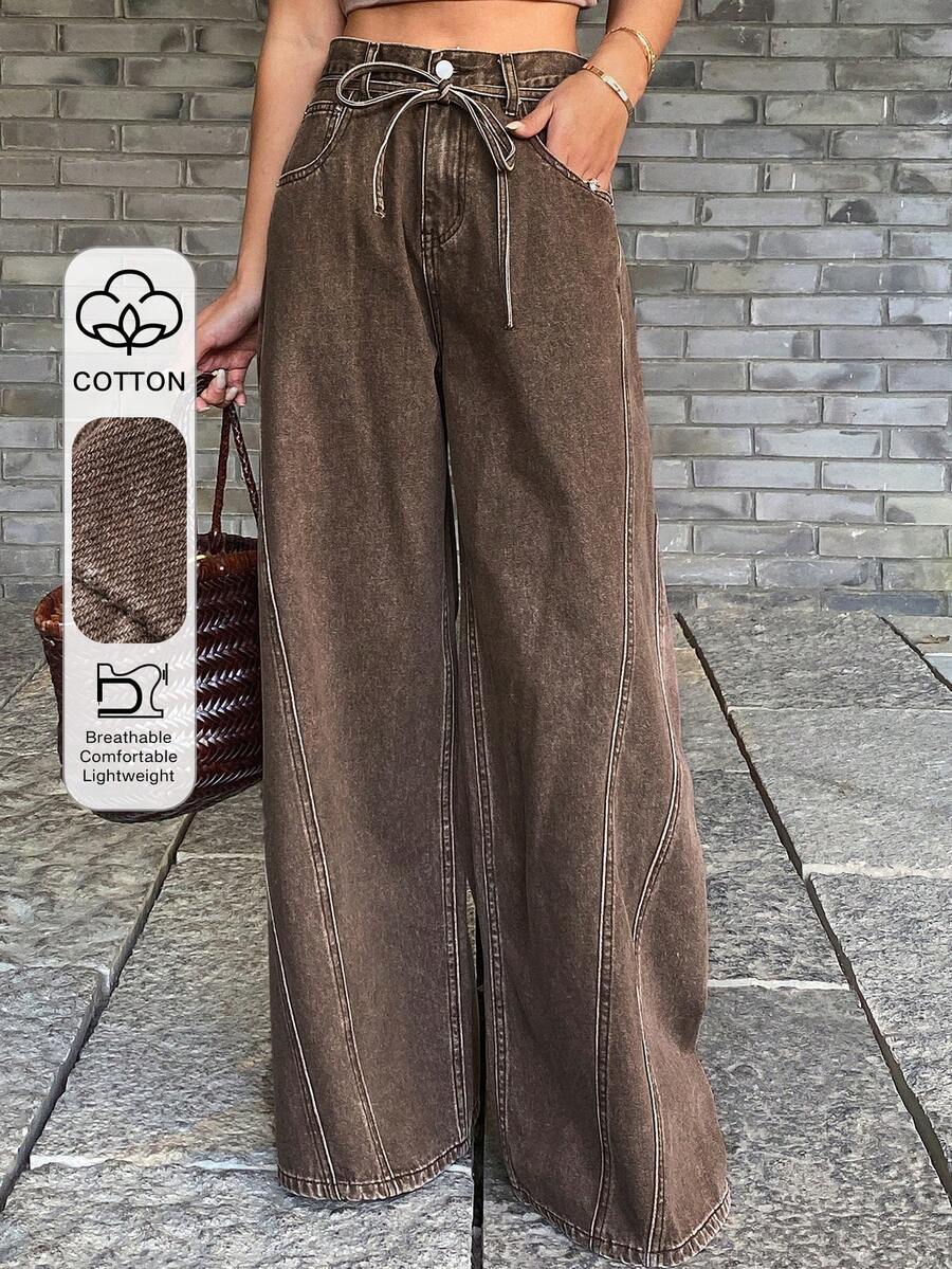 DAZY 做旧水洗腰带阔腿牛仔裤，休闲街头风牛仔女裤，春秋季 - 棕色 - 查看 1