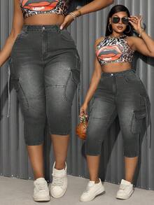 Slaydiva Plus Size Women Elastic Blue Vintage Fashion Pocket Skinny Jeans - Grey - View 1