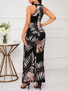 SHEIN Lady Women's Tropical Plant Print Round Neck Sleeveless Mermaid Hem Fitted Dress, Vacation - Multicolor - View 2