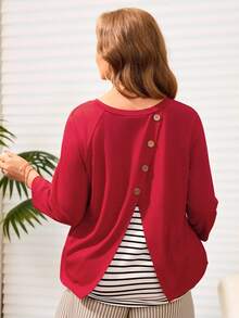 EMERY ROSE Plus Size Buttoned Back Striped T-Shirt - Black and White - View 6
