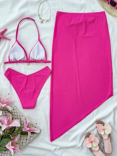 SHEIN Conjunto de traje de baño de 3 piezas/set para adolescentes: top de bikini con decoración metálica de unicolor, Bottom y falda. Conjunto de ropa de playa de verano, traje de baño de bikini rosa con tapa de estrella de mar, bikini de dos piezas con cobertura