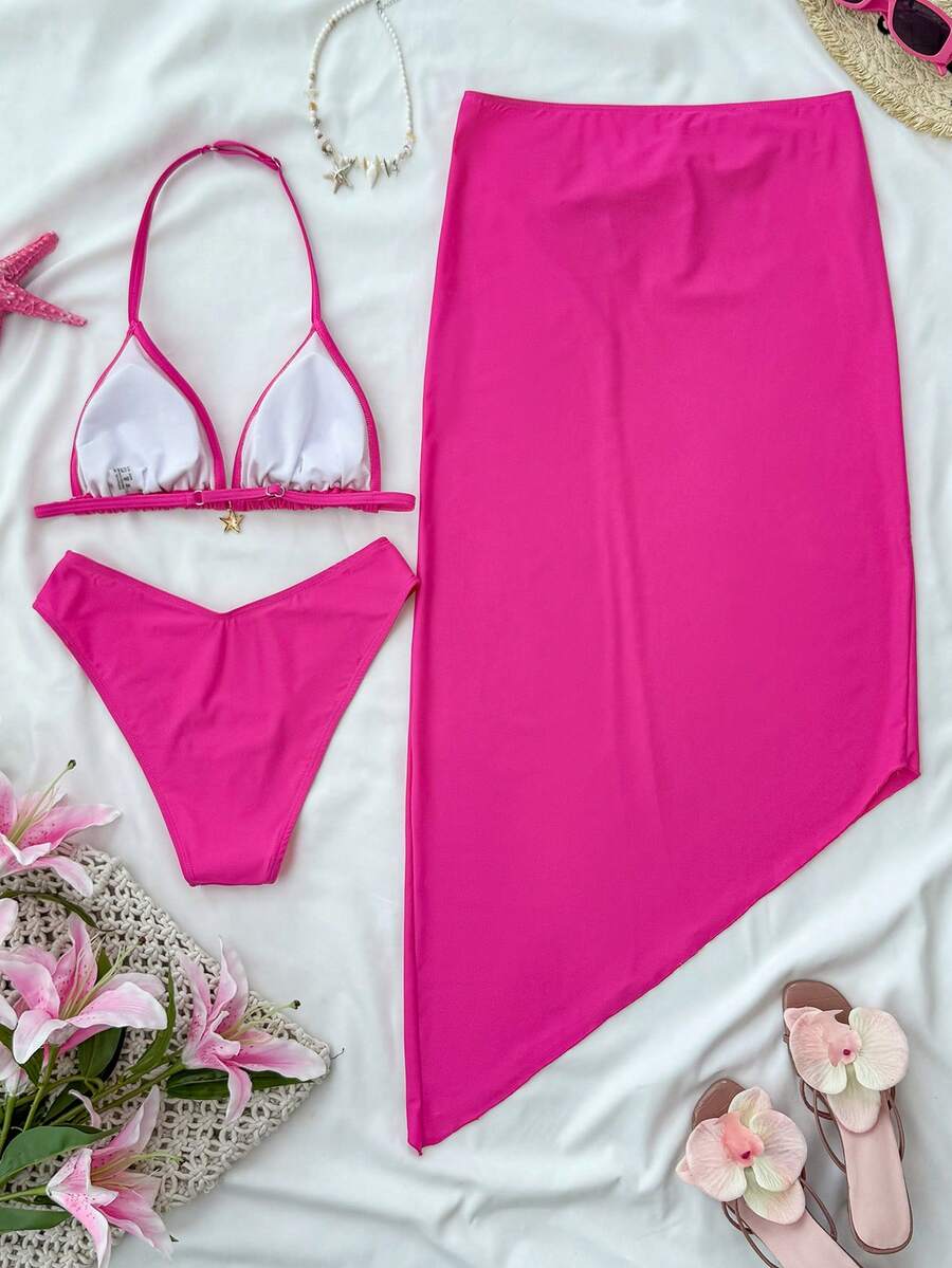 SHEIN 3 pezzi/set Bikini per ragazze adolescenti, top a canotta con decorazione metallica, slip e gonna, set costumi da bagno, outfit estivi da spiaggia, costume da bagno rosa con stelline, bikini a due pezzi con copricostume - Fucsia - Visualizzare 1
