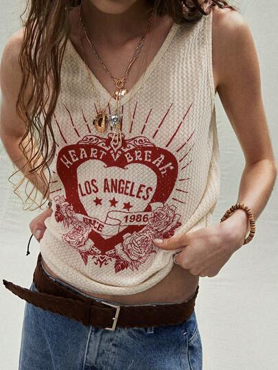 SoleilVie Women's New V-Neck Sleeveless Heart & Rose Print Casual Tank Top, Minimalist Versatile Bohemian Style Western Graphic Tees Women Western Crop Top Country Concert Top Western Tank Tops Cowgirl Tops Graphic Tank Top Sleeveless Graphic Tee Los Angeles T Shirt Hippie Top
