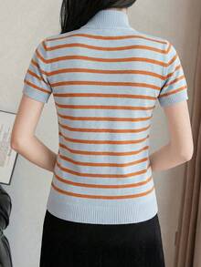 Almamuse Áo len cổ cao tay ngắn ôm dáng, họa tiết sọc tương phản, thích hợp mặc đi làm hàng ngày cho nữ, mùa thu. - Màu xanh nhạt - Xem 2