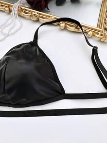 2pcs Women's Sexy Black PU Leather Wireless Bra And Thong Panty Set - Black - View 5