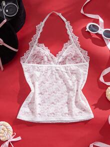 SHEIN Adjustable Neck Lace Patchwork Camisole Tank Top - White - View 7