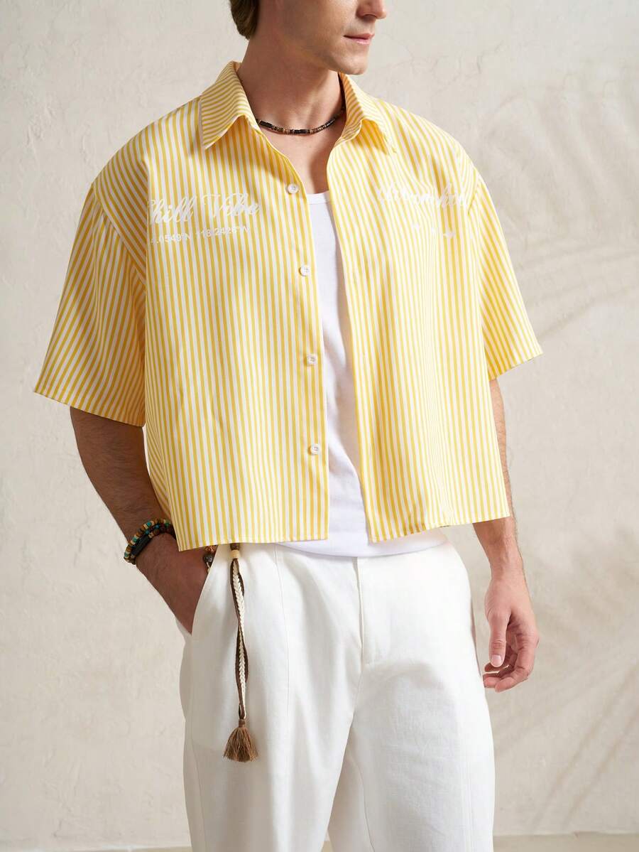 Airaco Men's Casual Striped Print Short Sleeve Shirt, Summer - Yellow - View 1