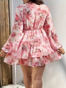 Sunnyshic Valentine New Fashion V-Neck Waist Cinched Floral Print Ruffle Hem Long Sleeve Dress, Vacation Style, Spring/Summer - Pink - View 3