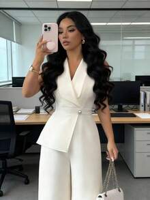 Elenzga 女士杏色纯色V领西装外套，领口腰带设计，优雅职业装，适合工作、会议、教师、学校、情人节、劳动节、复活节、旅行、春夏新款时尚必备无袖宽松直筒连体裤