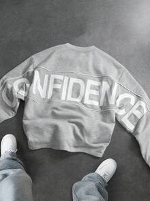 SLATEMANN 男士字母印花圆领休闲宽松长袖T恤图案卫衣灰色卫衣超大款印花卫衣男士卫衣 - 灰色 - 查看 1