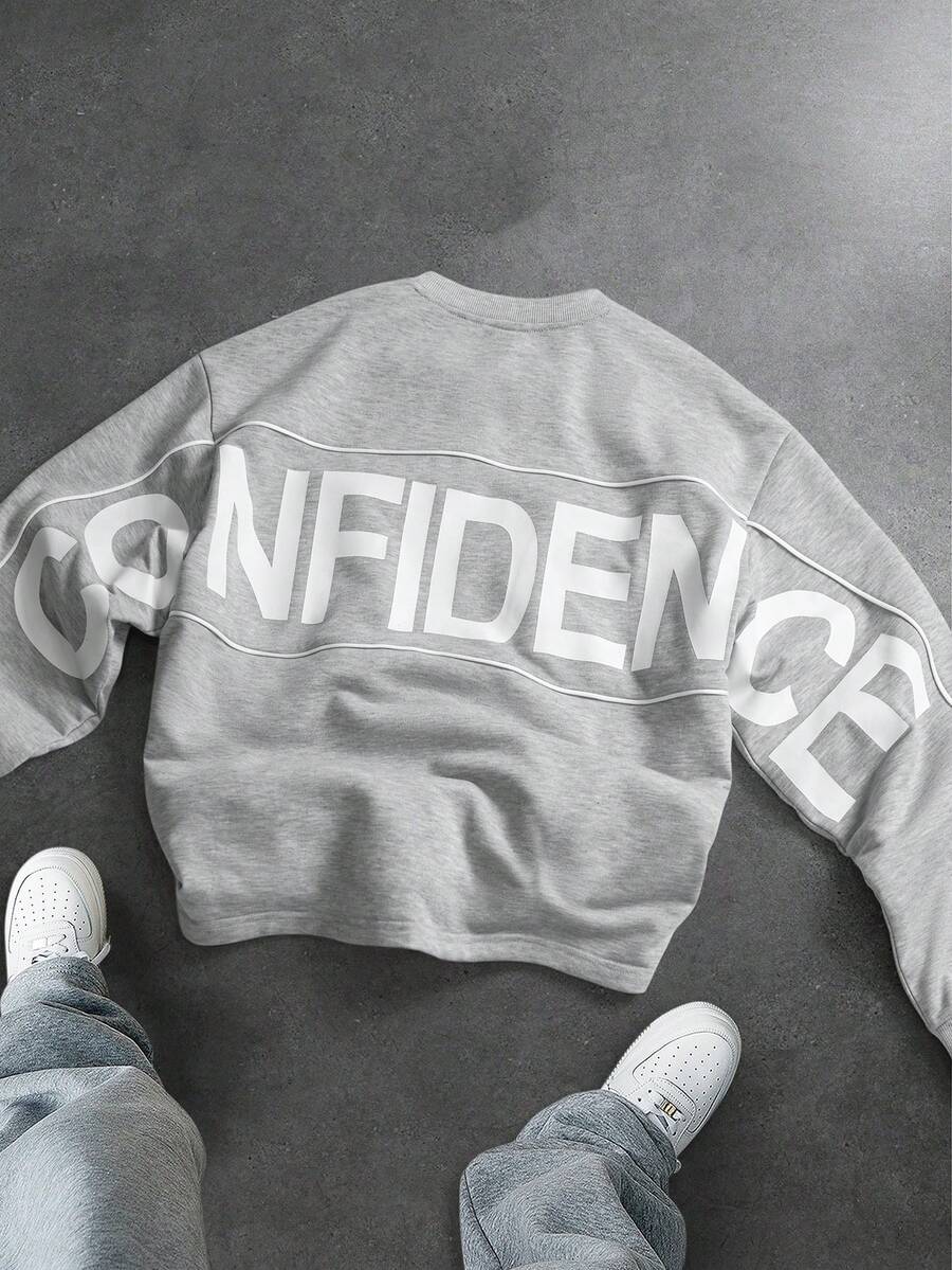 SLATEMANN 男士字母印花圆领休闲宽松长袖T恤图案卫衣灰色卫衣超大款印花卫衣男士卫衣 - 灰色 - 查看 1