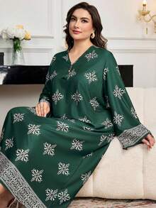 Al Najma Plus Size Women Elegant Modest Floral Print V-Neck Flare Sleeve Loose Arabic Style Maxi Dress - Dark Green - View 6