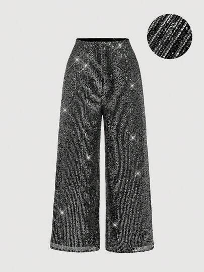SHEIN MOD Pantaloni larghi in stile moda con paillettes di colore unito, taglia comoda, adatti per Thanksgiving, Natale, ballo di fine anno, feste, abbigliamento autunno-inverno scintillante per donna