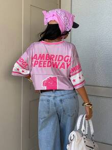 StreetHx Streetwear Women's Letter Graphic Print Cropped Short Sleeve T-Shirt, Spring/Summer - Mauve Purple - View 2