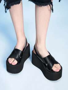 Sugerpunk 女士厚底凉鞋，朋克哥特风交叉搭扣凉鞋 - 黑色 - 查看 4