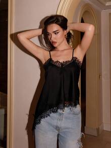 Bris Aura 女式夏季纯色撞色蕾丝不对称下摆衬衫 - 黑色 - 查看 4