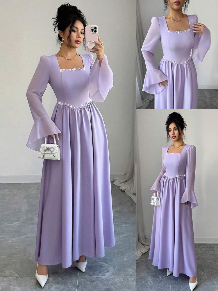 SHEIN Elenzya فستان طويل أنيق للمناسبات الرسمية والحفلات، بتصميم رومانسي أنيق مع ياقة مربعة وزخرفة من اللؤلؤ، وأكمام جرس، وخصر على شكل خط A، باللون الأرجواني - ارجواني فاتح - مشاهدة 1