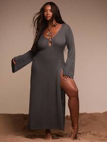 MUSERA 大码针织深V长袖连衣裙 春夏复活节海滩度假优雅旅行泳装沙滩装 Terra Sol 长裙 - 灰色 - 查看 1