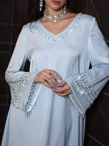 Layrah 优雅奢华的V领串珠喇叭袖连衣裙，春夏款 - 藍色 - 查看 2