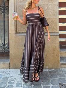 Serisse 女士条纹印花休闲度假吊带连衣裙 - 棕色 - 查看 4