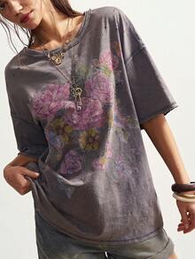 Bohemela Áo thun nữ màu đen trơn, cổ tròn, tay ngắn, dáng rộng, in họa tiết, thích hợp mặc mùa xuân hè, đi nghỉ mát, lễ hội. Áo thun nữ màu đen in hình. - Màu xám đen - Xem 4