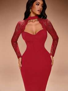 Radiana 女士性感优雅红色蕾丝拼接长袖紧身连衣裙，胸部紧身设计，弹力针织面料贴合身形，凸显身材，适合约会、聚会、派对、日常出行、购物、夜店、下午茶、度假等场合。 - 紅色 - 查看 6