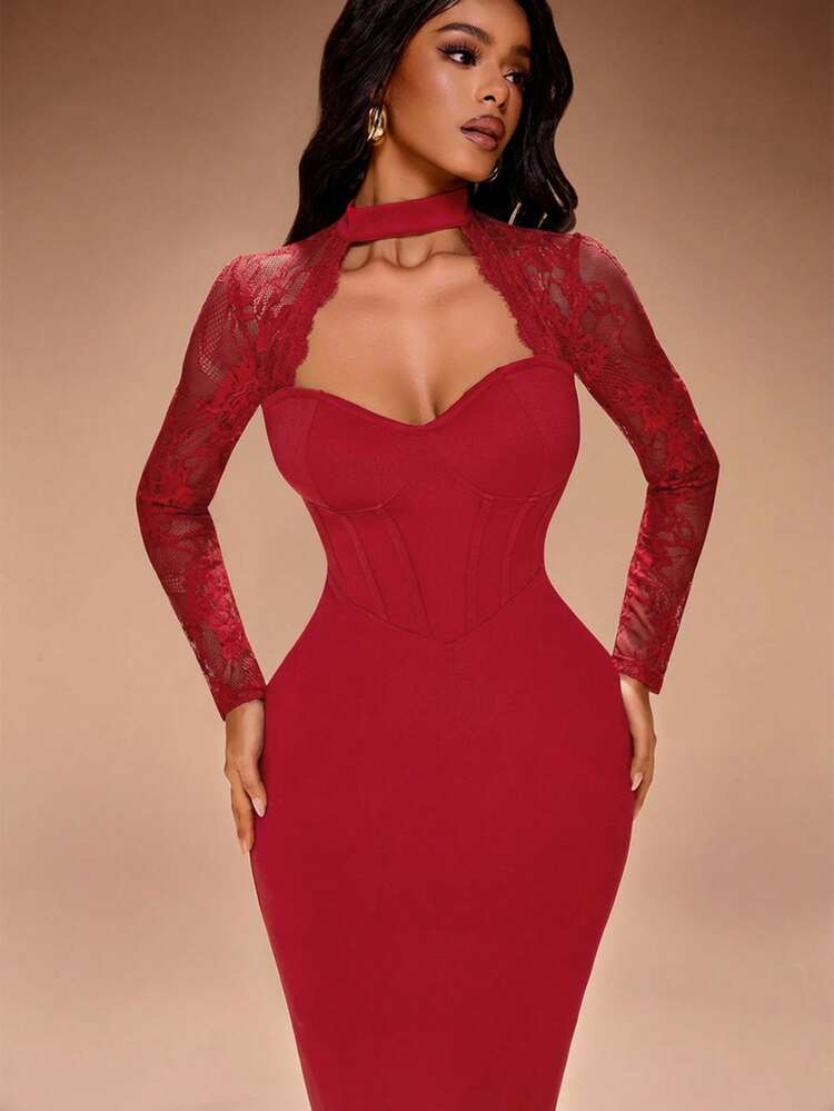red lace long sleeve bodycon dress Lace Long Sleeve Bodycon in Burgundy