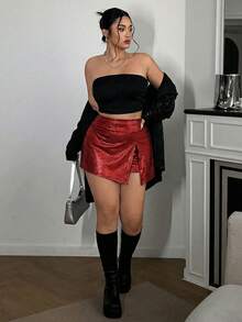 SHEIN EZwear 亮片环氧树脂不对称下摆加大码女式派对短裙，酒红色 - 酒紅色 - 查看 4