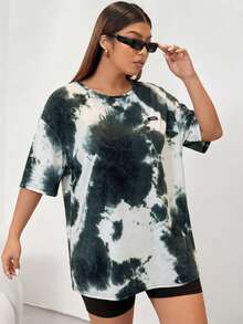 SHEIN EZwear 大码女式扎染圆领短袖休闲宽松百搭T恤 - 彩色 - 查看 5