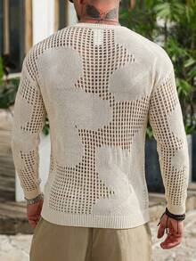 Manfinity RSRT 男士纯色圆领长袖镂空休闲套头毛衣 - 杏色 - 查看 2