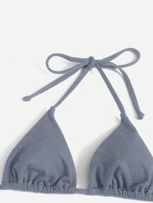 Swim Mod Bộ bikini tối giản màu trơn ánh kim lấp lánh dành cho nữ, kiểu dáng hở lưng, buộc dây phía trước, xẻ tà, thích hợp cho kỳ nghỉ hè trên bãi biển. - Màu xanh bụi bặm - Xem 3