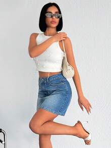 EURMUSE 女士休闲日常水洗牛仔不对称口袋A字裙，夏季 - 中等水洗藍 - 查看 5