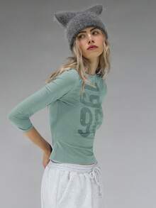 COUREZ Long Sleeve Jersey Top With Front Graphic Print /Y2K Long Sleeve Tops Going Out Tops Women Tops Winter Clothes For Women Blue Top Graphic Tees Women Cute Tops Summer Tops Summer Outfits - Green - View 4