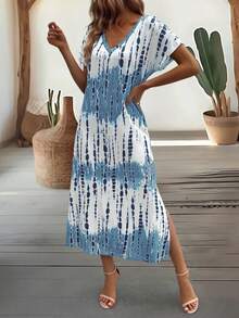 Summer New Casual Women's V-Neck Short Sleeve Loose Tie-Dye Print Split Dress - Sky Blue - View 3