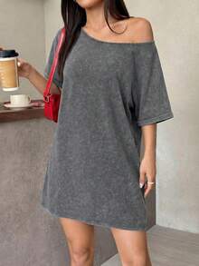 SHEIN EZwear 复古水洗宽松露肩T恤裙，西部音乐节风格，夏季 - 灰色 - 查看 3