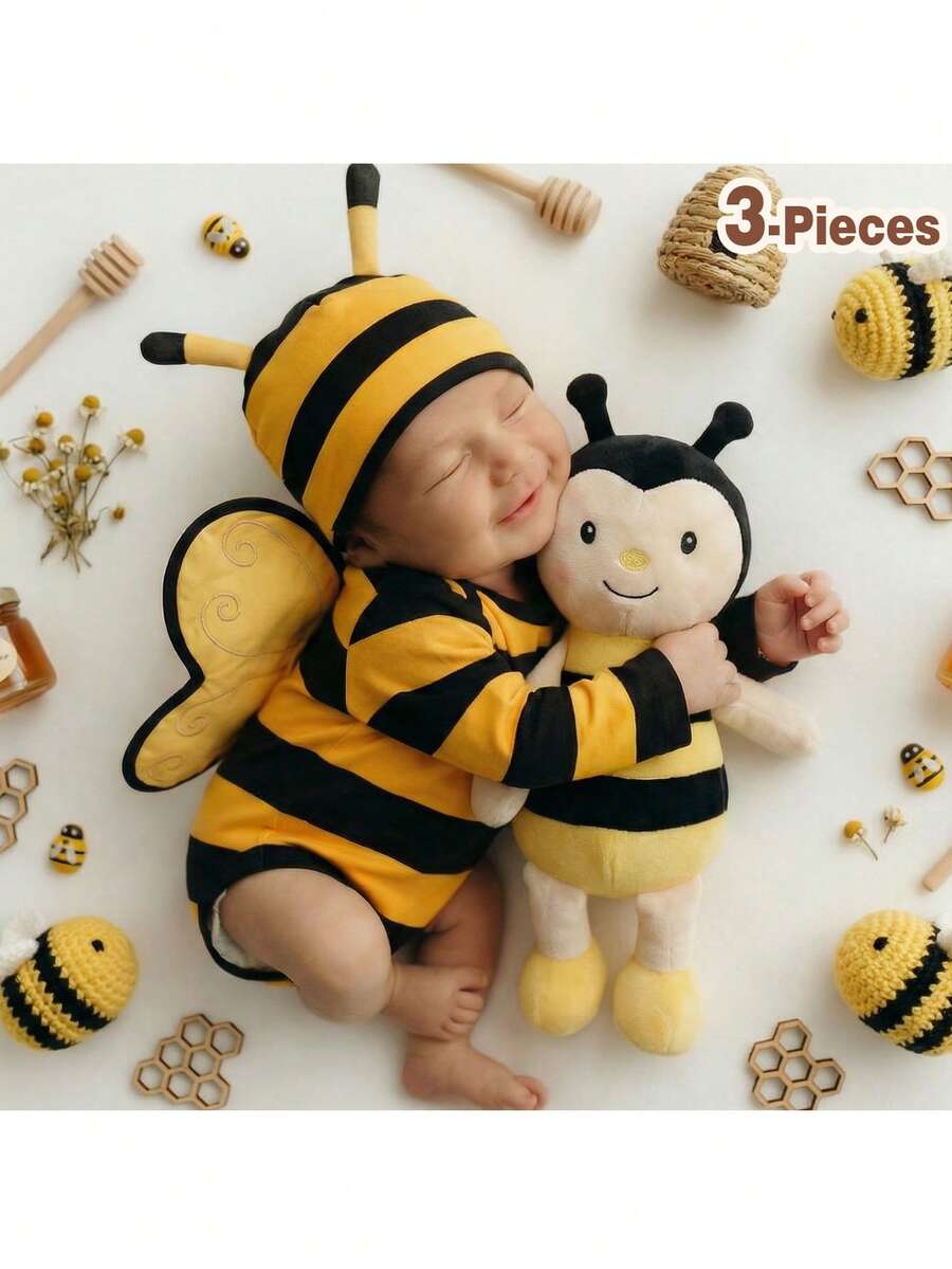 Loomiva Newborn Baby Girl 3pcs Set: Bee Shaped Romper, Hat & Wings