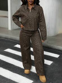 DAZY Women's Casual Collared Crop Top And Loose Fit Jeans Set - Brown - View 5