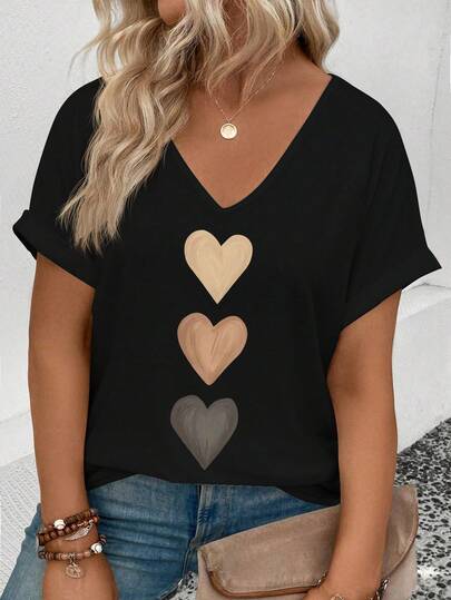 EMERY ROSE Women's V-Neck Flared Cuff, Ombre Heart Print Casual Versatile T-Shirt, Spring/Summer