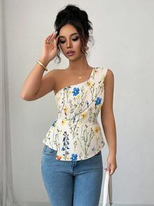 Elenzga Women's Elegant Floral Print Asymmetric Ruffle Top, With Waist Cinching Design To Accentuate Curves And Exude Refined Sophistication. Suitable For Various Occasions, From Formal Work Attire And Commuting, To Sexy, Romantic French Style, Casual Outings, Vacations, Middle Eastern Vintage Themed Events, Cozy Afternoon Tea Gatherings, Glamorous Parties, As Well As New Year, Thanksgiving And Christmas Celebrations. - Apricot - View 7
