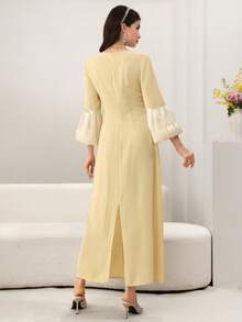 Elegant Women's Party Dress With Beaded & Rhinestone Embellished Square Neck, Lantern Sleeves, Fitted Silhouette And Back Slit - Yellow - View 6