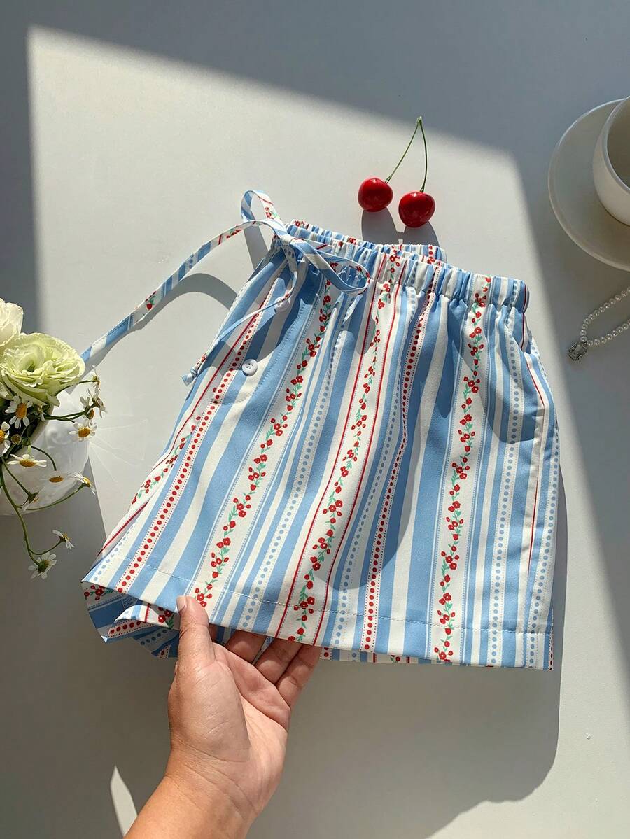 Comfortcana 2026新款春夏时尚女式休闲条纹碎花短裤，夏季女式沙滩短裤，适合海滩度假，2000年代风格 - 彩色 - 查看 1