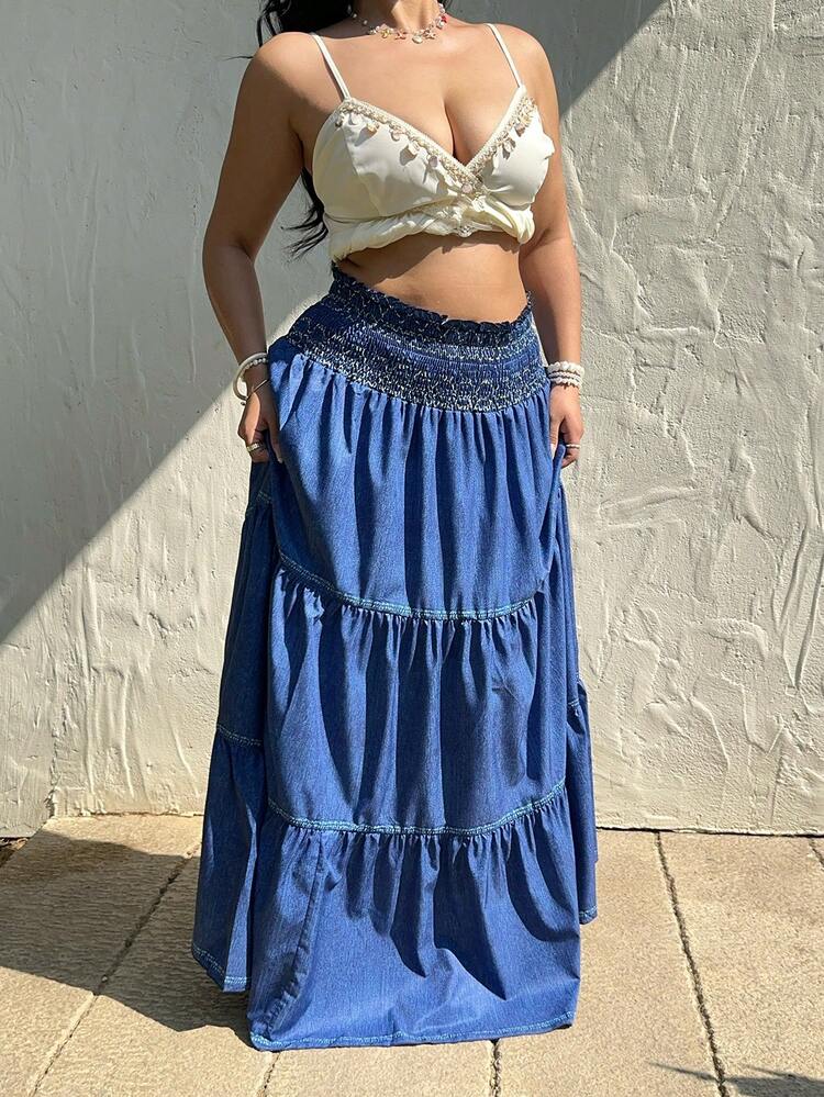 Sunnyshic Plus Size Women's Casual Elegant American Countryside Denim Effect Print Knee-Length Skirt - Blue - View 4