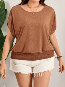 EMERY ROSE 加大码彩色复活节T恤，宽松圆领休闲T恤，下摆收紧，适合度假/休闲穿着，夏季大码女装，情人节服装，情人节加大码锈棕色上衣，蝙蝠袖上衣，加大码针织T恤，大地色系上衣，咖啡棕色上衣，加大码纯色T恤，宽松女式上衣，宽松上衣，夏季女式上衣，女士休闲装，女士衬衫，休闲优雅 - 鏽棕色 - 查看 3