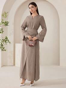 Veilorie Women's Solid Color V-Neck Long Sleeve Shirt And Waist Twist Midi Skirt Elegant 2-Piece Set - Mocha Brown - View 4