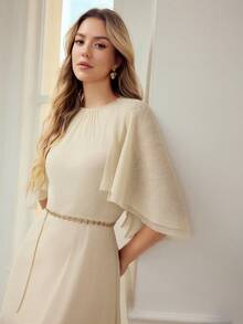 MOTF PREMIUM SOLID CAPE SLEEVE CHAIN BELTED LONG DRESS - Apricot - View 6