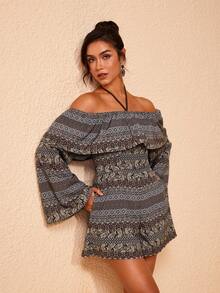 JIAN LASALA All-Over Print Woven Off-Shoulder Ruffled Neckline Flared Sleeves Halter Loose Romper Jumpsuits - Multicolor - View 1