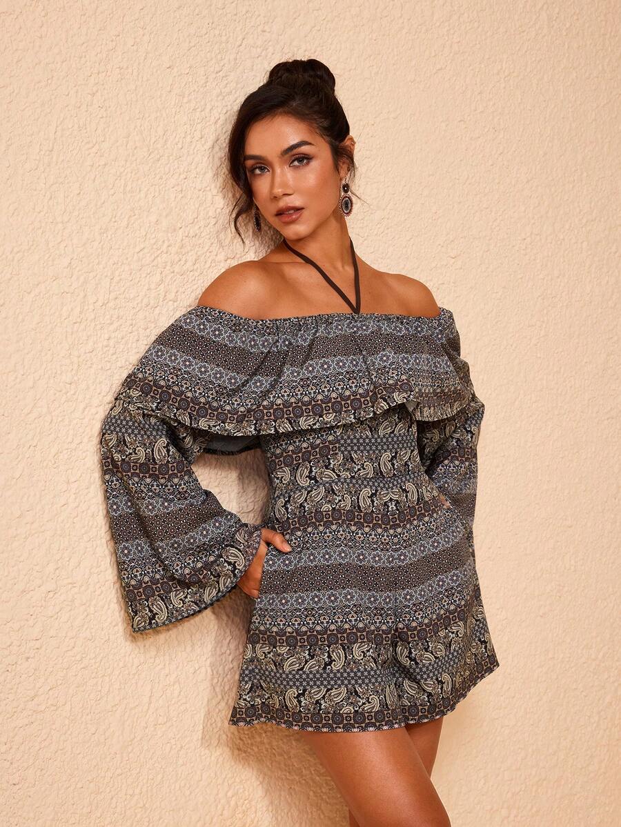 JIAN LASALA All-Over Print Woven Off-Shoulder Ruffled Neckline Flared Sleeves Halter Loose Romper Jumpsuits - Multicolor - View 1