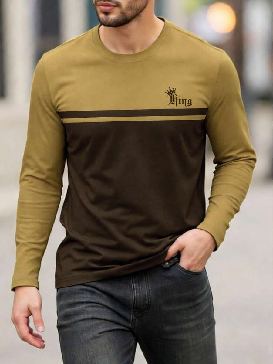 Manfinity Homme Men's Letter Crown Print Round Neck Long Sleeve Casual T-Shirt - Multicolor - View 1